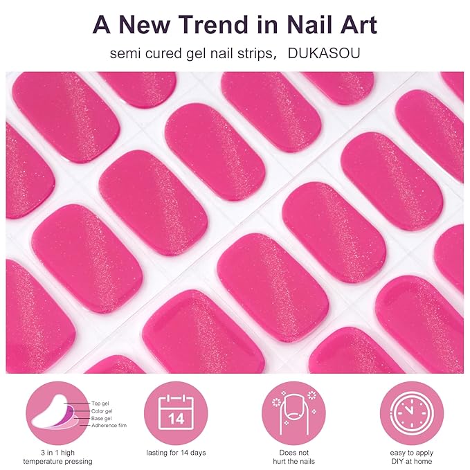 Semi Cured Gel Nail Strips,28 Pcs UV Nail Stickers for Women(cat Eye Pink),Gel Strips for UV Light Requried,Includes Prep Pads, NailFile & Wood Stick