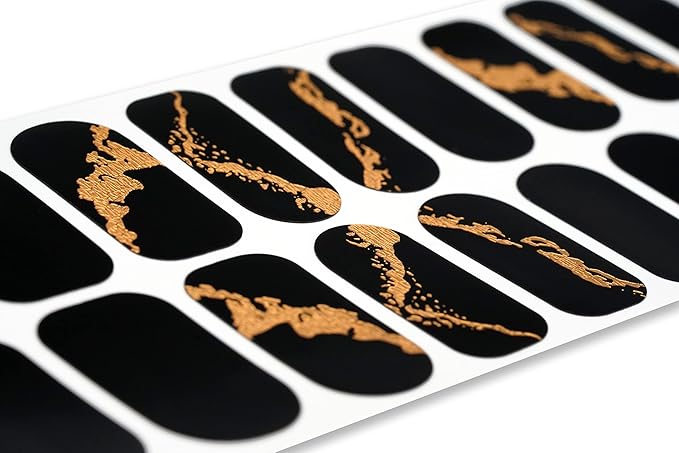 | 20 Exquisite Gel Nail Polish Strips w/Application Accessories - No UV/LED Lamp Required (Gold Flake & Black)