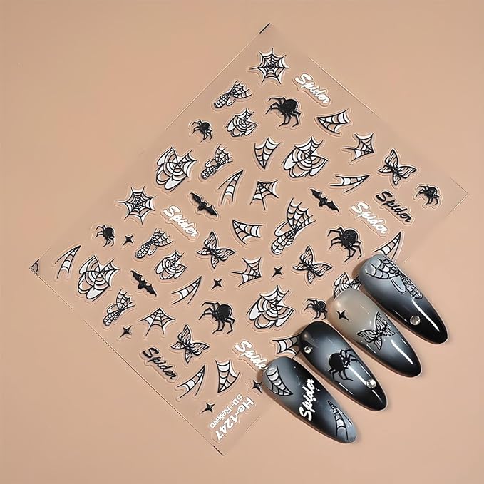12Pcs Halloween Nail Stickers - 5D Embossed Halloween Nail Decals - Self-Adhesive Hand Bones Skull Spider Web Pumpkin Nail Design Decorations for Halloweens DIY Manicure Supplies