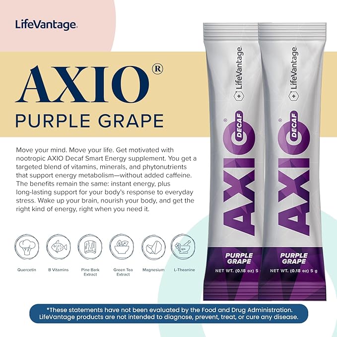 LifeVantage AXIO Regular Energy Drink Powder, Nootropic Supplement, Focus & Mood Support, with L-theanine, Green Tea, B Vitamins, DMAE, Quercetin & Pine Bark, Purple Grape, 30 Packets