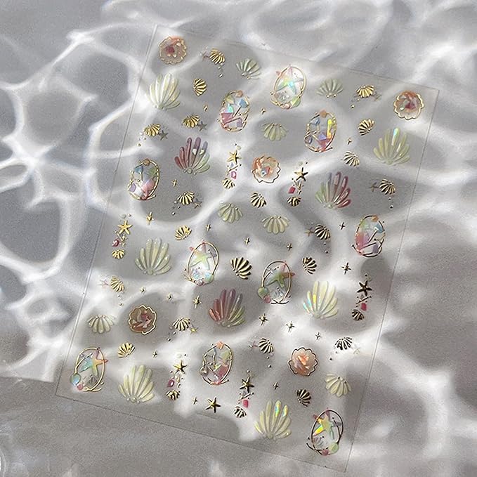 Summer Nail Stickers Starfish Nail Decals 3D Self-Adhesive Shiny Starfish Shell Nail Art Design Sticker Ocean Theme Nails Supplies Decoration Accessories for Women Acrylic Nails