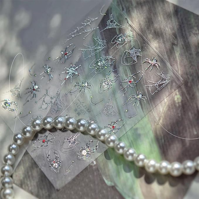 1 Sheets Halloween Nail Stickers for Nail Art 5D Gothic Spider Nail Art Stickers Decals Goth Metal Spider Web Nails Accessories Self-Adhesive Horror Halloween Nails Supplies for Women Nails Decor