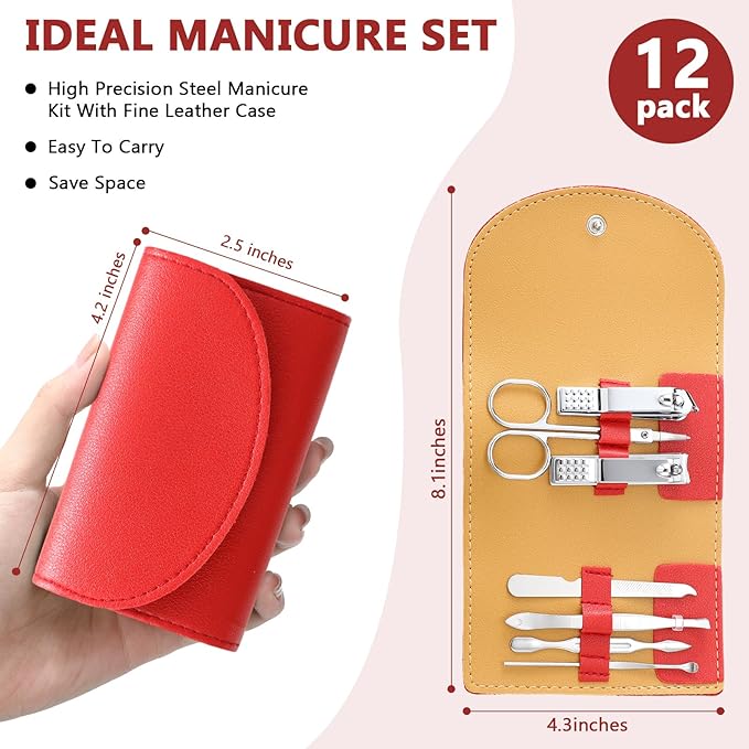 12 Set Manicure Set Bulk Mini Manicure Nail Clipper Kit 7 in 1 Stainless Steel Professional Nail Care Pedicure with Travel Portable Bag Grooming Kits for Christmas Women Men Home(Red)