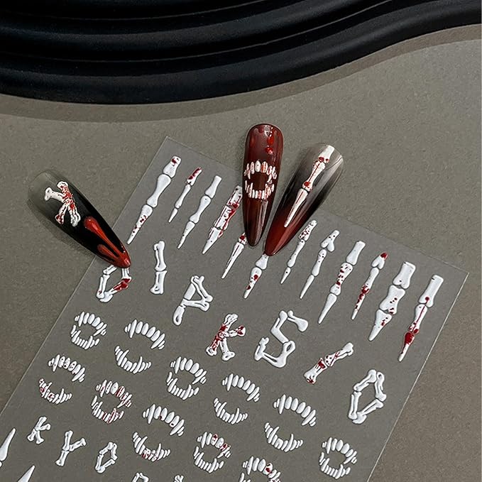 Halloween Nail Stickers for Nail Art - Terrifying Bones Nail Art Sticker Halloween 5D Embossed Nail Decals Self-Adhesive Nails Supply Manicure Stickers for Nails Decoration