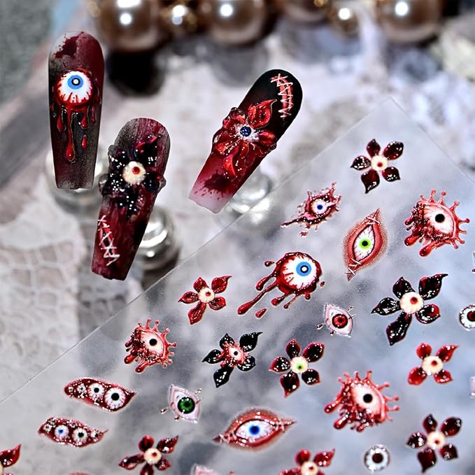 1 Sheets Halloween Nail Stickers for Nail Art 5D Embossed Nail Art Stickers Horror Blood Eye Flower Design Sticker Gothic Nail Decals Nail Art Supplies for Women Acrylic Nail Decorations