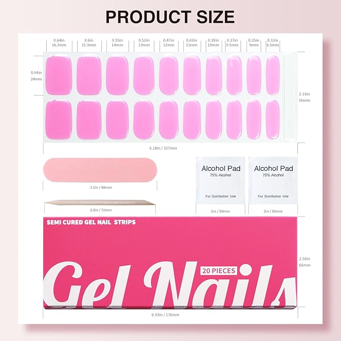 Semi Cured Gel Nail Strips, 20 PCS Gel Nail Stickers Work with UV Light, Gel Nail Wraps, Salon Quality & Easy to Use - Pink Lemonade