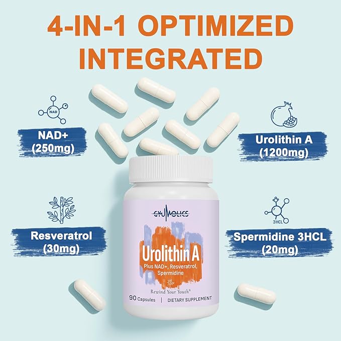High Dose Urolithin A 1200mg Supplement for Mitochondrial, Cellular Longevity Support for Women & Men – NAD+, Trans-Resveratrol & Spermidine – High Purity & Potency – 180Capsules