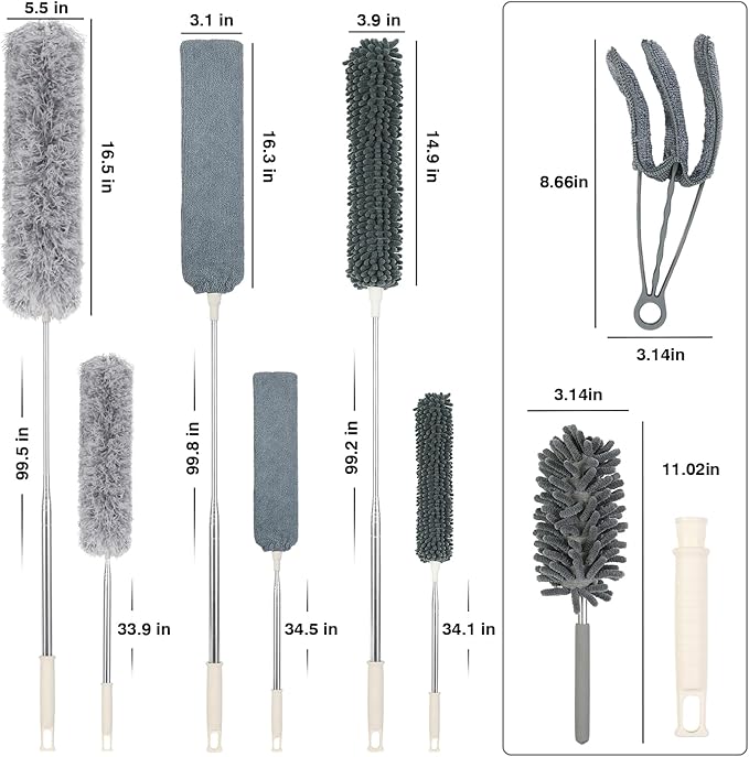 10 PCS Microfiber Feather Duster Kit, Dusters for Cleaning with Extension Pole, Retractable Bendable, Gap Dust Brush Blind Duster, for Cleaning Ceiling Fan, High Ceilings, Cars