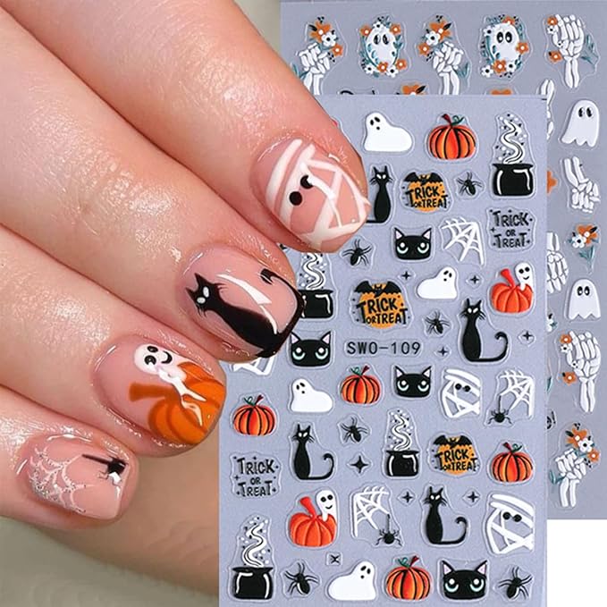 4Pcs Halloween Nail Stickers Cute Flower Ghost Nail Decals 3D Goth Spider Nail Art Stickers Mummy Bandage Pumpkin Skeleton Nail Design Sticker French Cat Halloween Nails Supplies Decoration for Women
