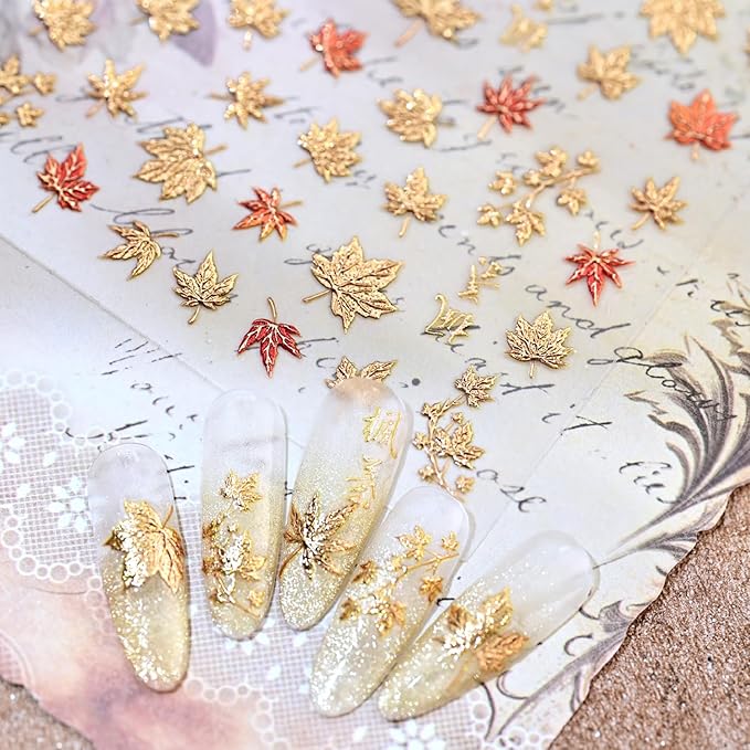 5D Embossed Fall Nails Art Stickers Autumn Maple Leaves Nail Decals Self Adhesive Glitter Gold Maple Leaf Nails Design Sticker Thanksgiving Nail Stickers for Women Manicure Decor Accessories 1PCS