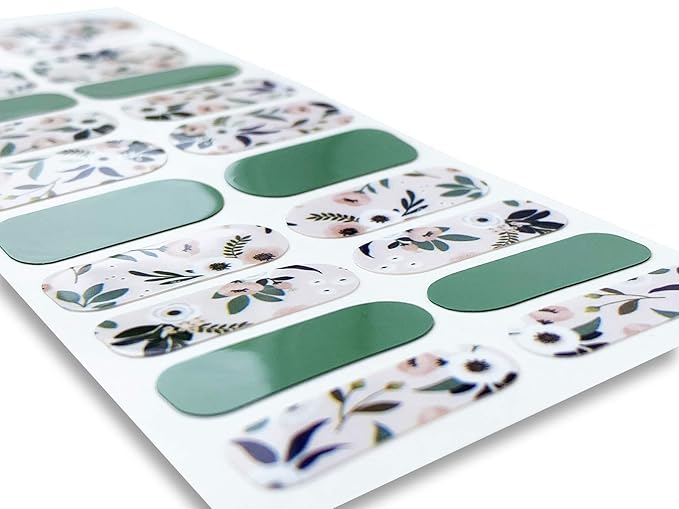 | 20 Exquisite Gel Nail Polish Strips w/Application Accessories - No UV/LED Lamp Required (Green & Botanicals)
