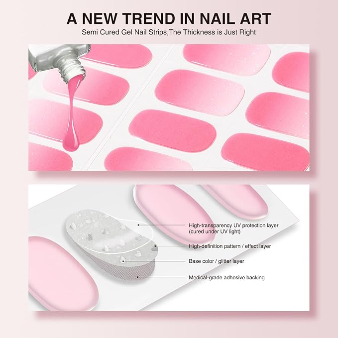 Semi Cured Gel Nail Strips - 30PCS Gel Nail Stickers for UV Light, Long-Lasting Gel Nail Wraps, Salon-Quality Semi Cured Nail Stickers, 2 Weeks Wear, Easy DIY Gel Manicure-Cupid’s Blush