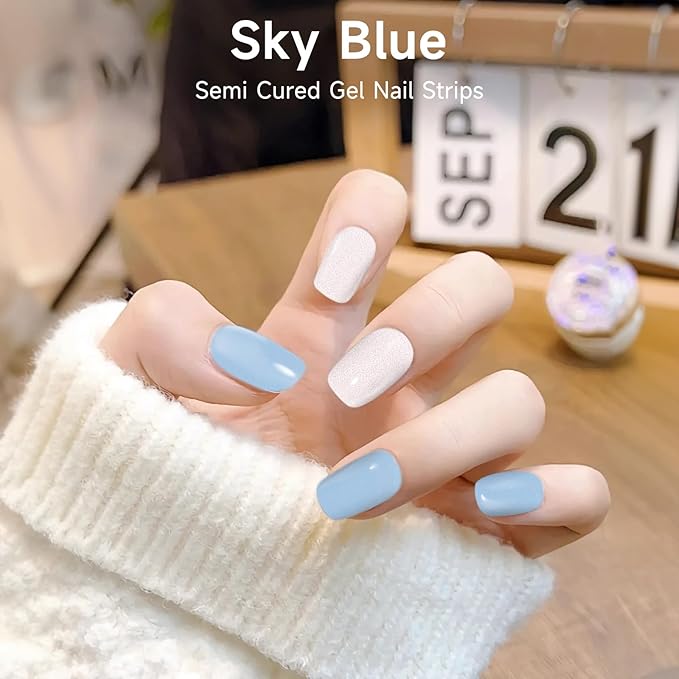 Semi Cured Gel Nail Strips, 28 pcs UV Gel Nail Stickers Full Nails Wraps for Women Home DIY Nails Art, UV Light Required(Sky Blue)