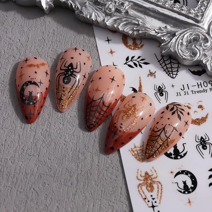 Halloween Nail Stickers Glitter Gold Spider Web Ghost Pumpkin Nail Decals 3D DIY Self Adhesive Nail Design Sticker Halloween Nail Decoration Supplies Holiday Manicure Accessories for Women Girls 6Pcs