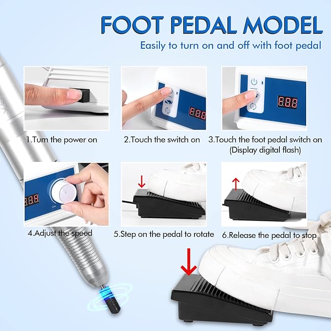 L'UGX Professional Nail Drill, 45000RPM Brushless Electric Nail File Manicure Pedicure with 7 Drill Bits, Perfect for Home Salon Use, Foot Pedal, Low Noise and No Vibration
