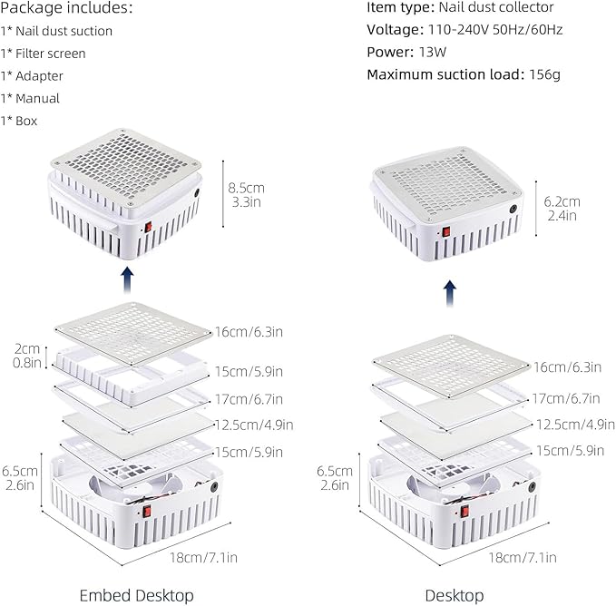 13-Watt Corded Electric Nail Dust Collector with Reusable Filter, Dual-Use Built-in or Tabletop Powerful Suction Machine for Acrylic Nail Polishing, Professional for Salon and Home Use (White)