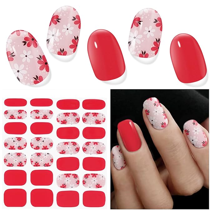 Semi Cured Gel Nail Strips (Red Pink Flowers), 28 pcs UV Gel Nail Stickers for Women Work with Any UV Lamps, Salon Quality Nails Wraps for Home DIY Nails Art