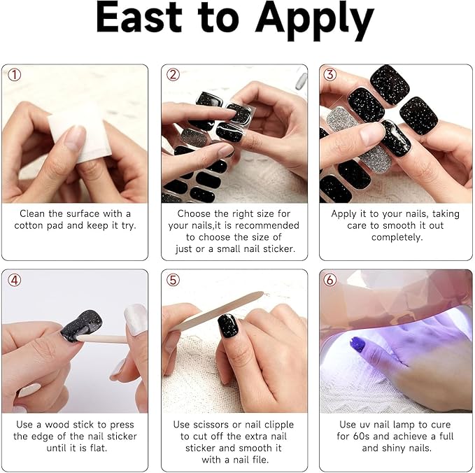 Semi Cured Gel Nail Strips, 28 pcs Gel Nail Stickers Work with Any UV Lights, Long-Lasting Nail Wraps, Stick on Nails for women Easy to Apply & Remove