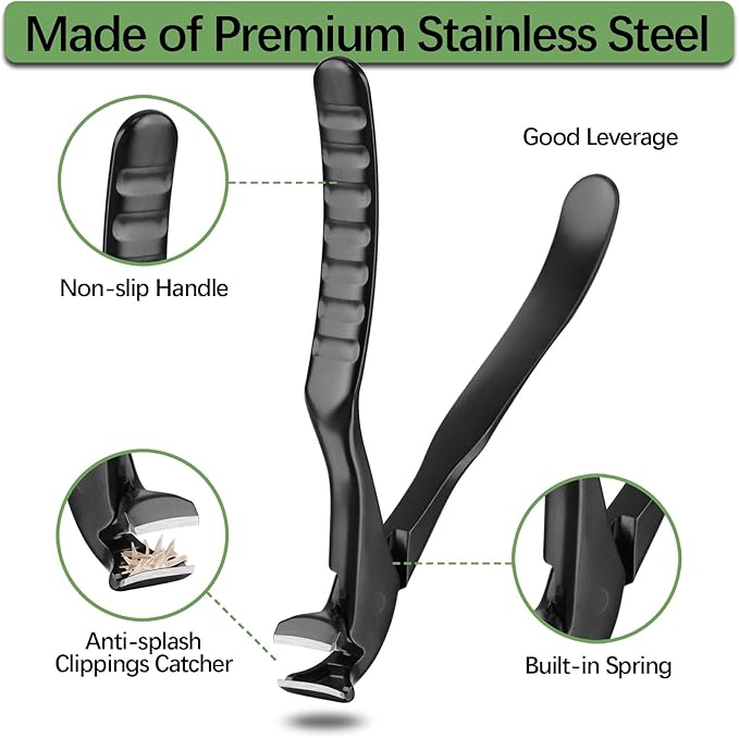 Long Handled Toenail Clippers for Thick Toenails, Ergonomic Non-Slip Toe Nail Clippers for Thick Nails for Seniors, Men, Angled Head Wide Jaw Opening Anti-Splash (Black)