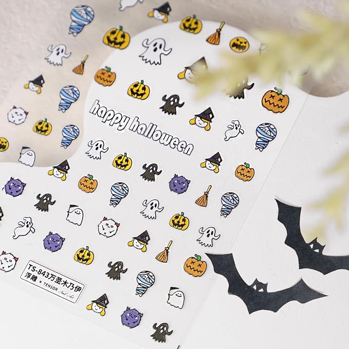Halloween Nail Stickers for Nail Art - Cute Ghost Nail Art Sticker Bat Witch Hat 5D Embossed Nail Decals Self-Adhesive Nails Supply Manicure Stickers for Nails Decoration (Happy All Saints' Day)