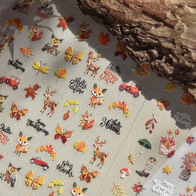 1Sheet 5D Relief Ginkgo Maple Leaf Stickers for Nails Design Embossed Fall Leaves Nail Art Stickers Autumn Maple Leaf Nail Decals Thanksgiving Day Fox Nail Supplies Manicure Decoration for Women