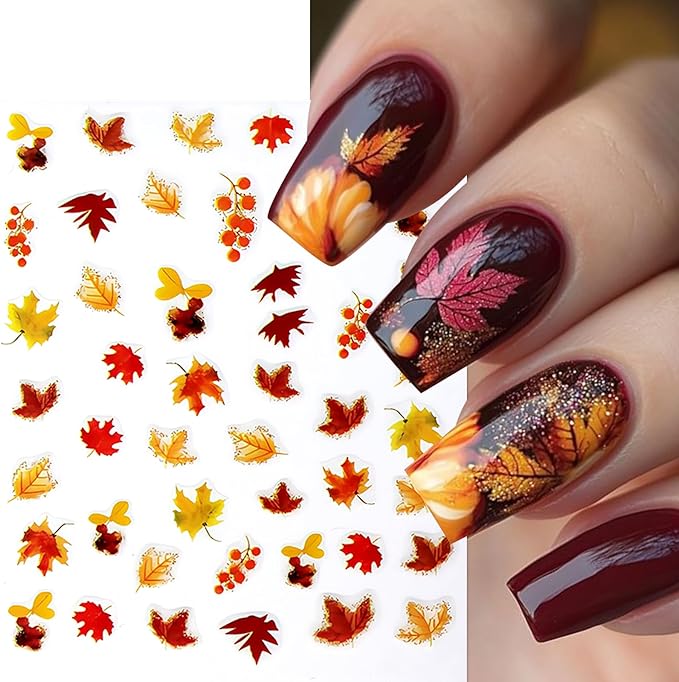 8 Sheets Autumn Maple Leaves Nail Stickers Glitter Pumpkin Nail Decals 3D Self-Adhesive Maple Leaf Nail Art Supplies Fall Ginkgo Leaf Stickers for Nails Thanksgiving Day Women DIY Manicure Decoration