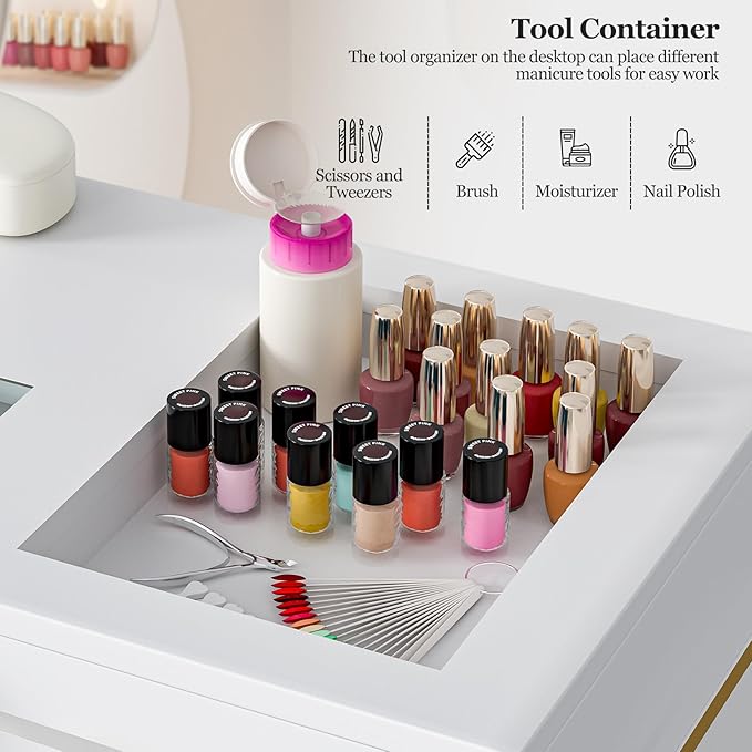 Nail Tech Table with Dust Collector, Glass Top Manicure Table Nail Desk Station w/7 Drawers & 3-Tiers Open Shelves, Nail Beauty Workstation w/Wrist Cushion & Acrylic Display Rack（White）