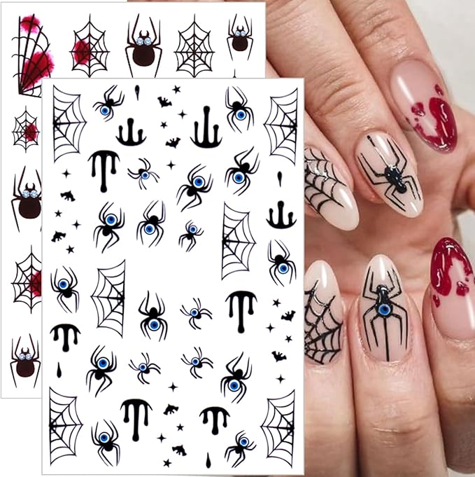 Halloween Nail Stickers Self-Adhesive Cute Spider Web and Spider Designs Nail Art Supplies Spiders Nail Decals Holiday Salon Manicure Decoration for Women DIY Nails Supplies