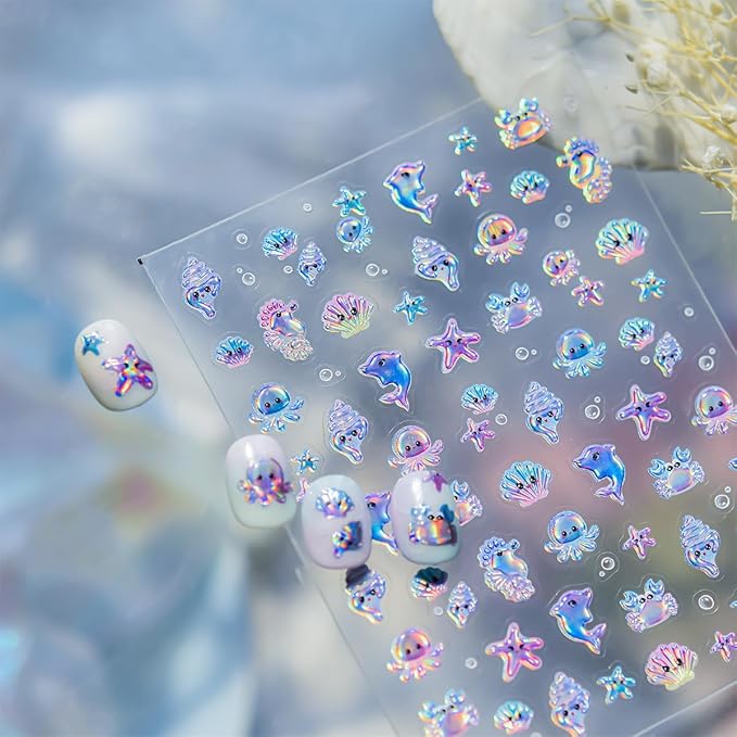 Summer Nail Art Stickers 5D Jelly Embossed Conch Shell Nail Decals Cute Jellyfish Crab Dolphin Starfish Nail Stickers Blue Ocean Animal Nail Supplies for Women Manicure Decoration 1 Sheets