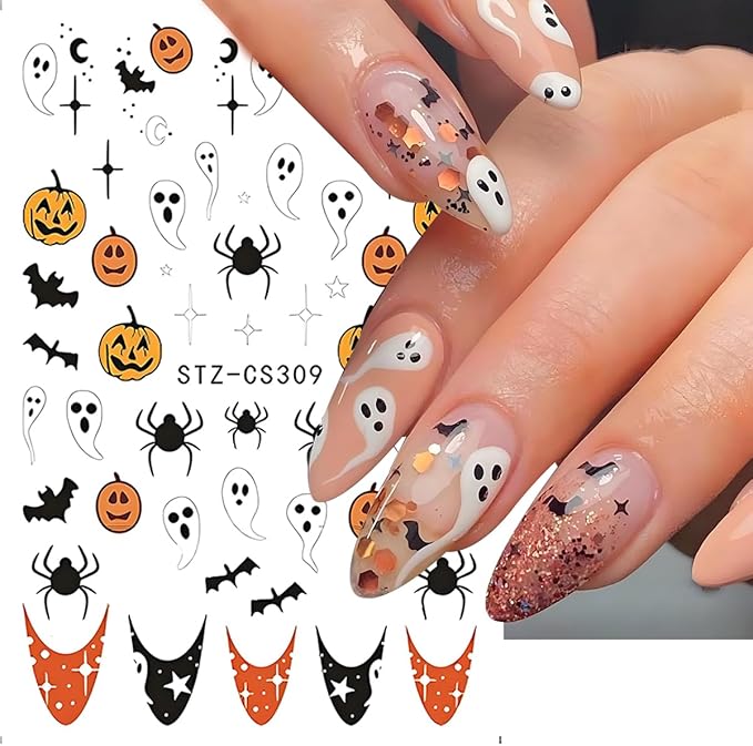 Halloween Nail Art Stickers, Cute Ghost Nail Art Decals 3D Self-Adhesive Spider Bat Pumpkin Stars Skull Spider Web Nail Design 8Pcs Halloween Nail Art Supplies for Women Nail Decoration