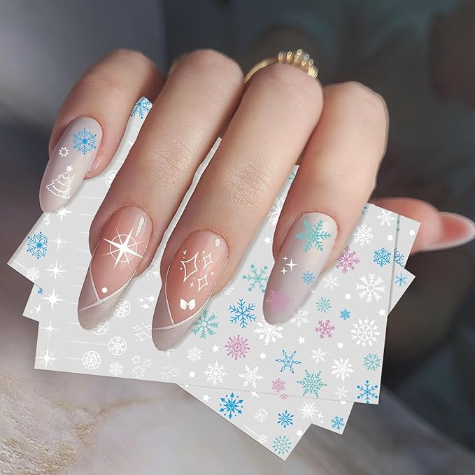 XZENTIRA 8 Sheets Snowflake Nail Stickers DIY Christmas Winter Decals 3D Self Adhesive Colorful Snowflakes Stars for Women Christmas Winter New Year Nail Designs