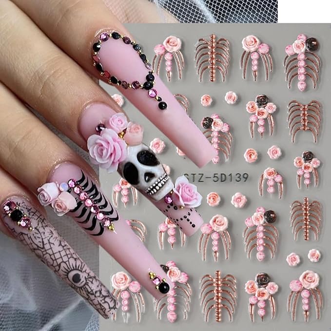 2Pcs Halloween Nail Art Stickers 5D Embossed Halloween Nail Decals Gold Pink Skeleton Bone Rose Blossom Pattern Nail Designs Stickers Skull Nail Supplies for Women Manicure Tip Decorations Accessories