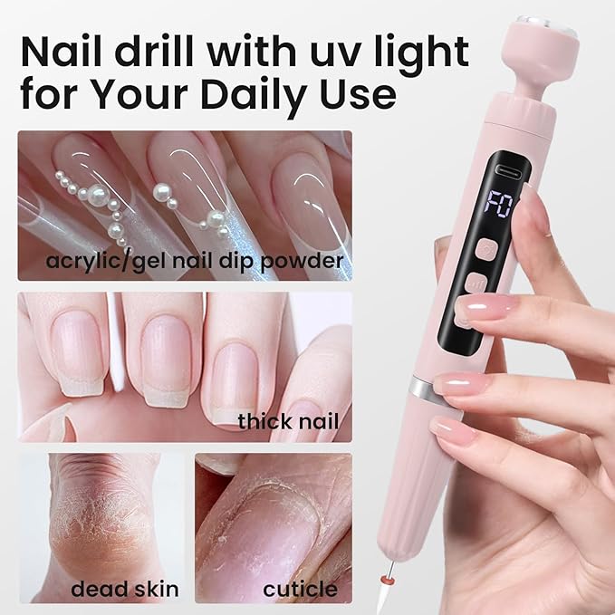 Cordless Nail Drill Electric Nail File with UV Light,Portable Professional Rechargeable Electric Nail Grinder Machine for Thick Nails,Acrylic Gel Nails & Natural Nails,for Home & Travel