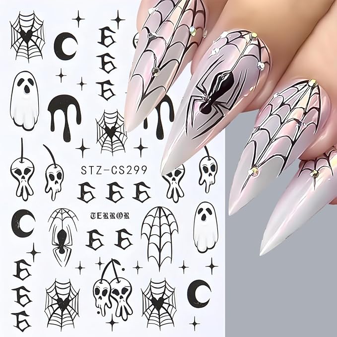 Halloween Nail Art Stickers, Cute Ghost Nail Art Decals 3D Self-Adhesive Spider Bat Pumpkin Stars Skull Spider Web Nail Design 8Pcs Halloween Nail Art Supplies for Women Nail Decoration