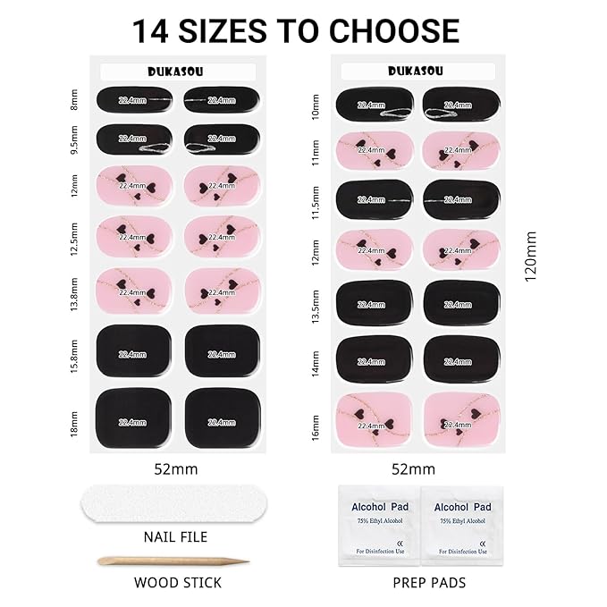Semi Cured Gel Nail Strips, Black Heart | 28 pcs Gel Nail Strips Work with Any UV Lamp, Salon Quality UV Nails Stickers, Easy to Apply for Home Nails DIY