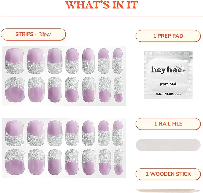 Heyhae Semi Cured Gel Nail Strips | No LED Lamp Needed | French, Purple | Easy Apply & Remove, Salon Quality | Includes 28 Strips, 1 Prep Pads, Nail File & Wooden Stick - Hey, Love Your Vibe