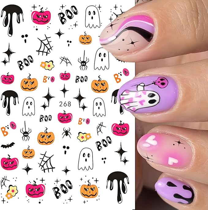 Halloween Nail Art Stickers, Spider Web Nail Art Decals 3D Self-Adhesive with Pumpkin Cute Ghost Cat Bat Flower Tree Nail Design 8Pcs Halloween Nail Art Supplies for Women Nail Decoration