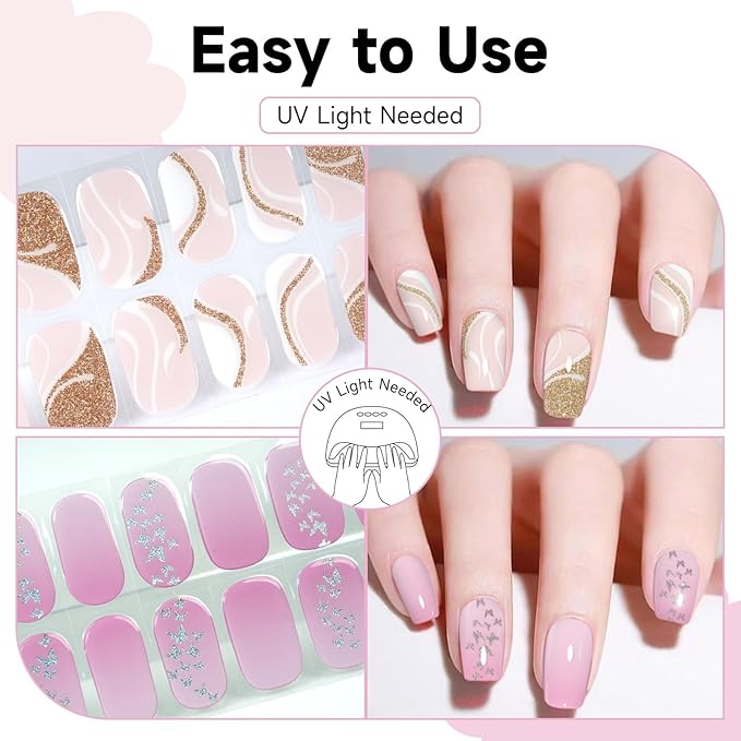 Semi Cured Gel Nail Strips 2 Set, (French,Gradient Pink) 56 Pcs Gel Nail Stickers Wraps, Works with Any UV Lamps,Long Lasting DIY Nail Art Gift for Women,Salon-Quality, Easy to Apply