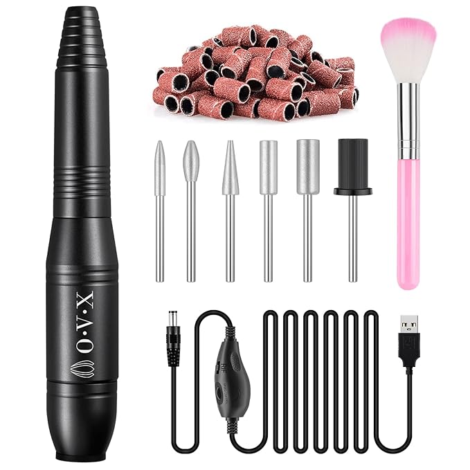 Professional 20000 RPM USB Nail Drill Efile Kit for Acrylic Nails - Manicure & Pedicure Polishing with 6 PCS Nail Drill Bits, Sanding Bands and Brush, Black