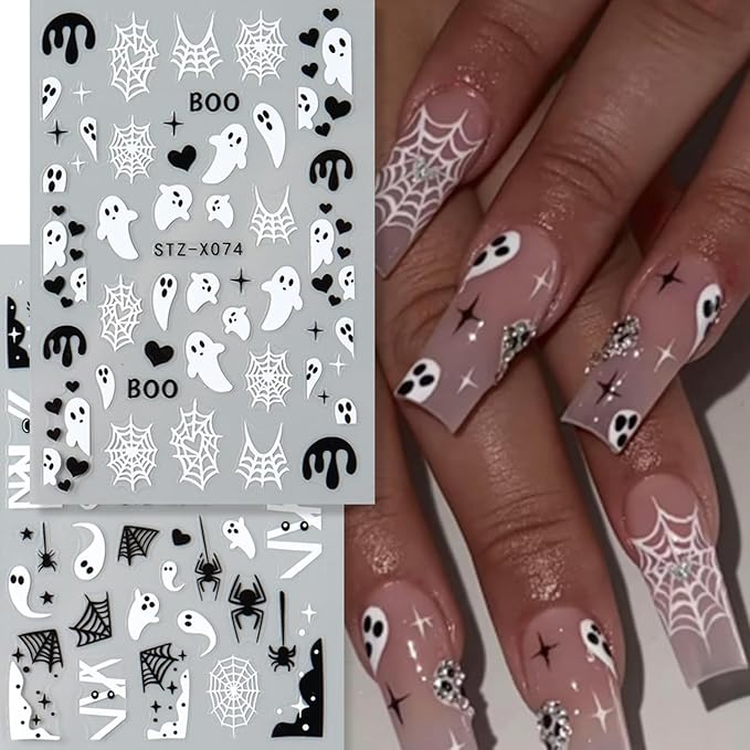 6 Sheets Halloween Nails Stickers Cute Ghost Mummy Nails Art Stickers 3D Self-Adhesive Supplies Nail Decal with Black White Spider Web Design Nail Sticker for Nail Art Women's DIY Decoration