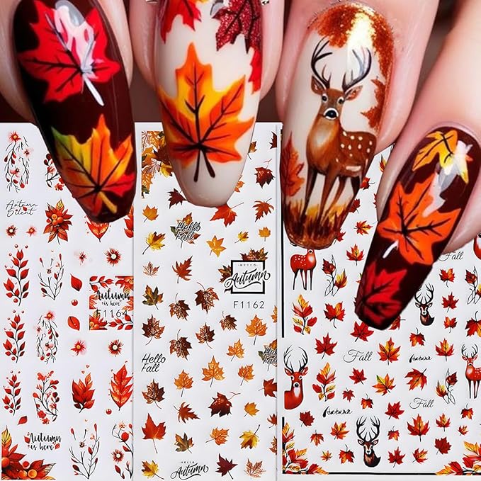 Fall Nail Art Stickers Decals 3D Autumn Maple Leaf Nail Stickers Self-Adhesive Nail Art Supplies 6PCS Autumn Leaves Deer Fall Nails Design Manicure Sliders for Women Thanksgiving Day Nail Decorations