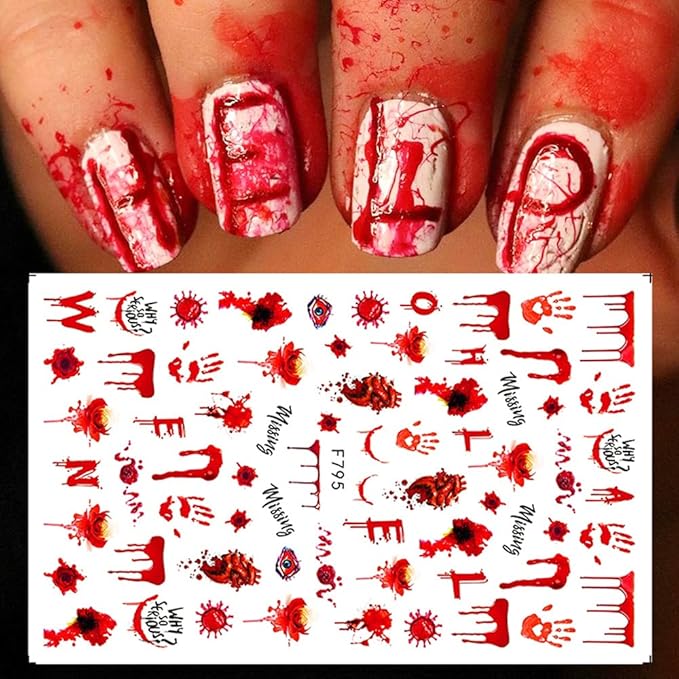 TOFD Blood Nail Art Stickers Halloween Sticker Decals, Self Adhesive 3D Supplies Scar Clown Snake Eye Heart Designs for Women Girls Acrylic Nails, 4 Count (Pack of 1)