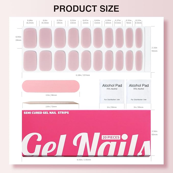 Semi Cured Gel Nail Strips, 20 PCS Gel Nail Stickers Work with UV Light, Salon Quality & Easy to Use - Ivresse