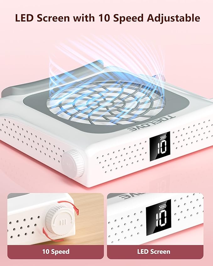 Upgraded Nail Dust Collector with Hand Rest, 10 Speeds, Reusable Filter, Quiet & Rechargeable, Professional Nail Fan Dust Tech Machine for Acrylic Gel Nails Polishing, Salon & Home, White