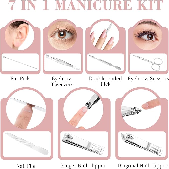 12 Sets Manicure Set, 7 in 1 Stainless Steel Nail Care Kit, Sturdy Manicure Tool Kits with Travel Case, Nail Grooming Kit Gift, for Men and Women(6 Colors)