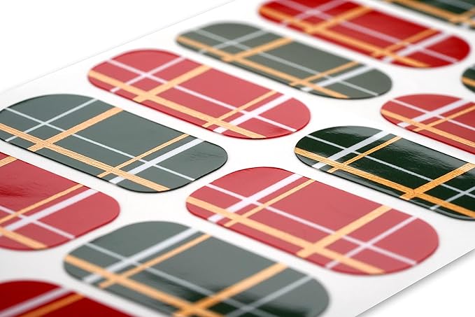 | 20 Exquisite Gel Nail Polish Strips w/Application Accessories - No UV/LED Lamp Required (Holiday | Holiday Plaid w/Metallic Gold)
