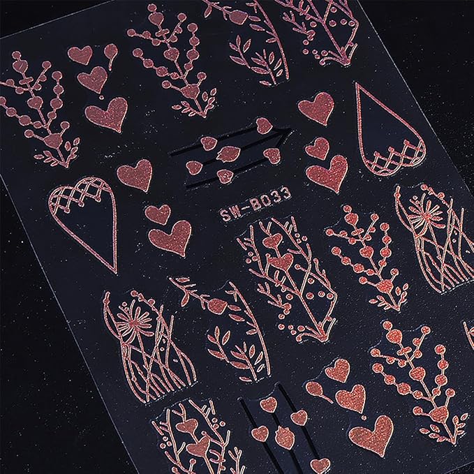Fall Nail Art Stickers for Thanksgiving, Rose Gold Tree Nail Decals 3D Self-Adhesive with Leaves Heart Design 4Pcs Gold Leaves Tree Heart Nail Art Supplies for Women Nail Decoration
