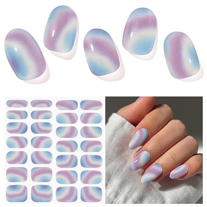 Semi Cured Gel Nail Strips, Colorful | 28 pcs Gel Nail Strips Work with Any UV Lamp, Salon Quality UV Nails Stickers, Easy to Apply for Home Nails DIY