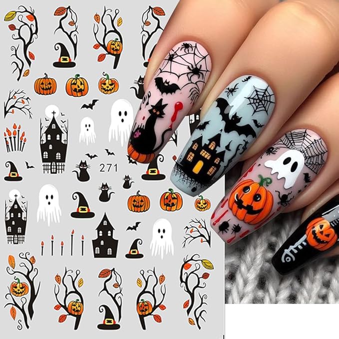 Halloween Nail Stickers Ghost Spider Web Nail Art Stickers Bat Cat Skull Flower Nail Decals Self-Adhesive Spooky Gothic Design Sticker Holiday Nail Art Decoration for Women Manicure Accessories 5Pcs