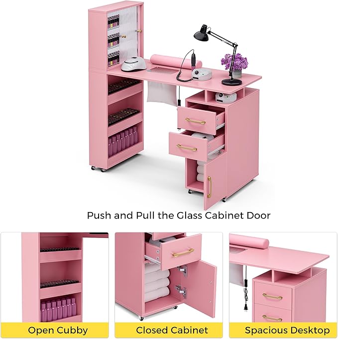 Manicure Table Nail Desk for Nail Tech w/Glass Door Storage Cabinets & Wrist Rest, Beauty Salon Nail Supplies Decor Workstation Acetone Resistant, with Dust Collector (Pink)